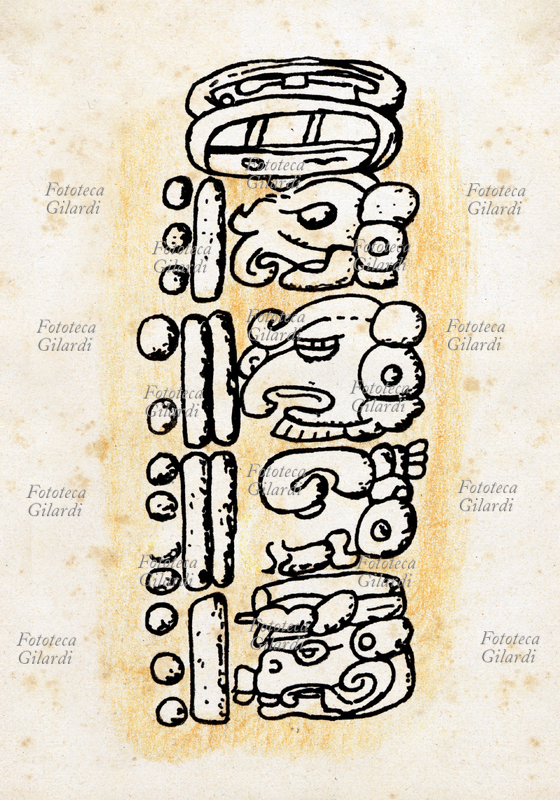 MAYA Disegno che riproduce alcuni simboli del sistema numerico vigesimale dei Maya, che talvolta prevedeva la rappresentazione cefalomorfa dei numeri. L\