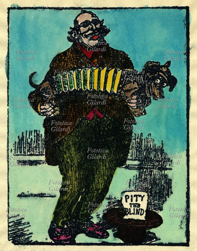 William Jennings BRYAN (19 marzo 1860 – 26 luglio 1925), politico statunitense del Partito Democratico, accusato di germanofilia dalla satira: qui rappresentato come un cieco che chiede la carità suonando una fisarmonica a forma di cane bassotto con elmetto tedesco... era contrario all\