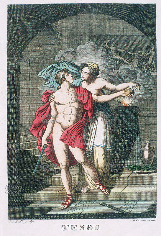 MITOLOGIA Arianna consegna a Teseo un gomitolo di filo per orientarsi nel labirinto di Minosse. Stampa acquarellata, circa 1840