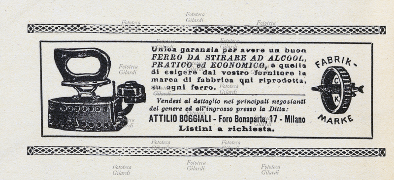 FERRO DA STIRO alimentato ad alcool. Pubblicità tabellare, 1900 circa
