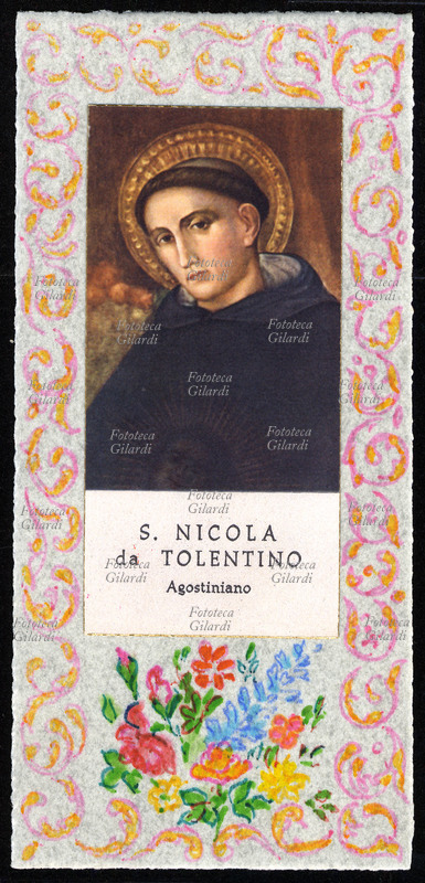 SAN NICOLA da Tolentino (1245 – 10 settembre 1305), al secolo Nicola di Compagnone, taumaturgo Agostiniano. Immaginetta devozionale con cornice decorata a mano dalle Suore del Santuario Basilica di San Nicola, Tolentino (Macerata), XX secolo.