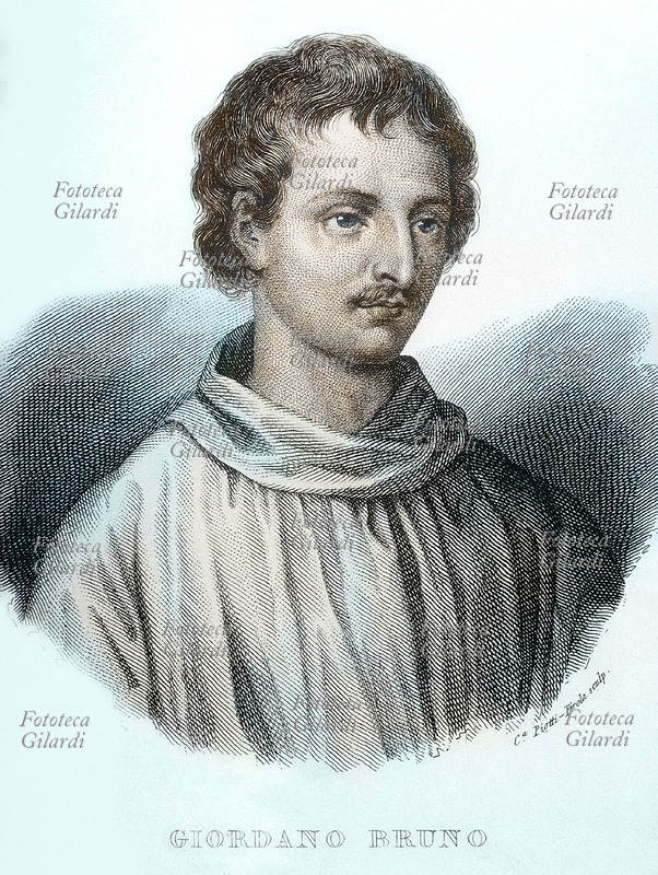 Giordano BRUNO di Nola (1548-1600), filosofo e scrittore, massimo rappresentante del pensiero del Rinascimento. Ritratto in una incisione colorata del 1857