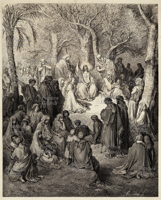Gustave DORÉ (1832-1883) Il sermone della montagna, Vangelo secondo Matteo 6, 28-29. In questa occasione tra gli altri argomenti del sermone Gesù offre l\