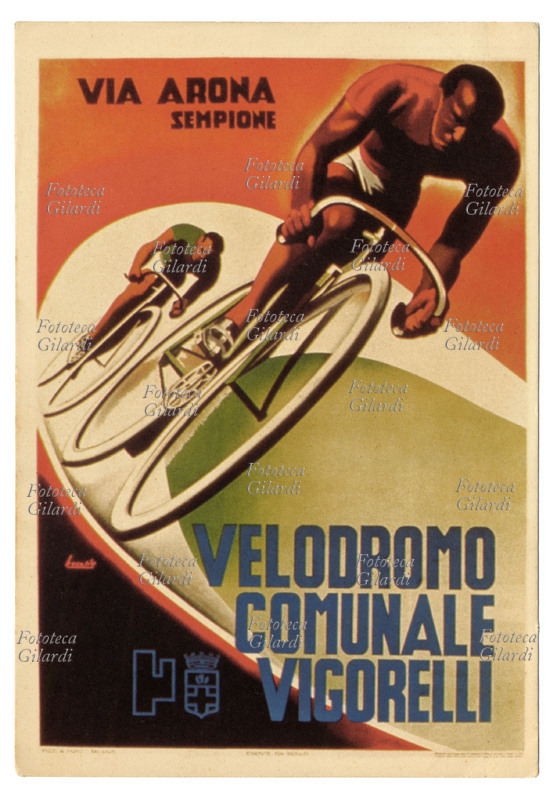 SPORT ciclismo cartolina postale promozionale per il Velodromo Comunale Vigorelli, Milano. Grafica di Gino Boccasile (14 luglio 1901 – 10 maggio 1952), Italia 1936.