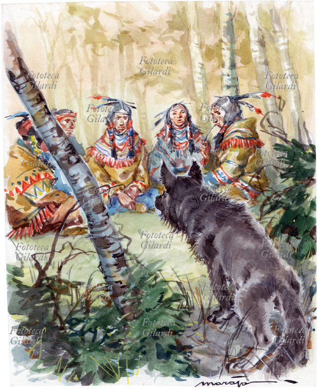 Jack LONDON (1876-1916) Buck, il protagonista del romanzo, osserva guardingo il cerchio degli Yeehats. Illustrazione di Libico Maraja (1912 - 1983) pittore, disegnatore e illustratore, per \