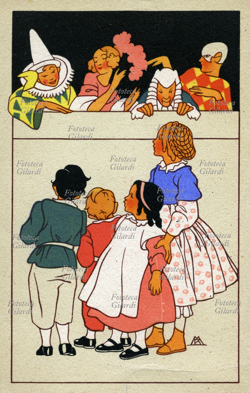 BURATTINI Quattro bambini assistono divertiti a uno spettacolo di burattini. Illustrazione di M. B. dalla serie "Ore gaie", a cura dell\