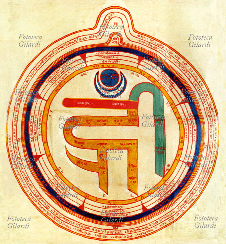 INDIA Yantra o supporto di meditazione con la sigla OM al centro. Gli yantra sono una specie di mandala (diagramma magico) semplificati che trovano largo uso nei riti magici. Miniatura cosmologica dal Tantra (libro sacro indiano), s.d.