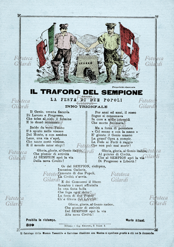 COMUNICAZIONI il Traforo del Sempione, foglio volante, celebra la costruzione della galleria ferroviaria che collega l\