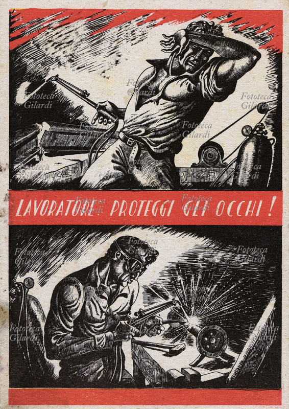 PREVENZIONE INFORTUNI Lavoratore: proteggi gli occhi! Riproduzione del bozzetto presentato dal Sig. Carlo Senatore, operaio presso la ditta M. Ferra (molino e pastificio) a Cava dei Tirreni (Salerno), premiato al 1° concorso per cartelli antinfortunistici bandito dall\