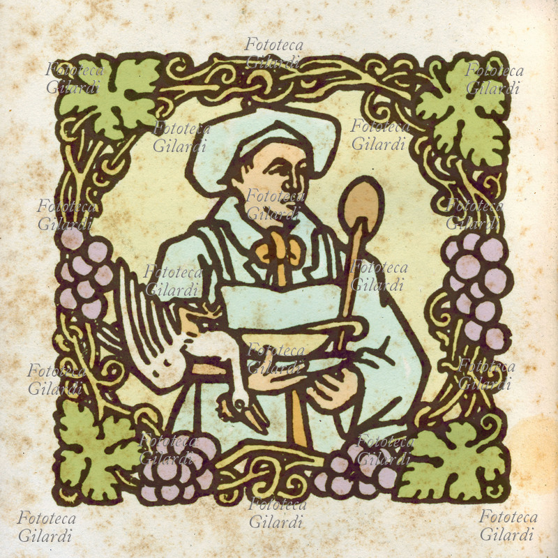 CUOCO raffiigurazione decorativa di cuoco con oca e zuppiera, incorniciata in tralci di vite. Xilografia da menu del XIX secolo