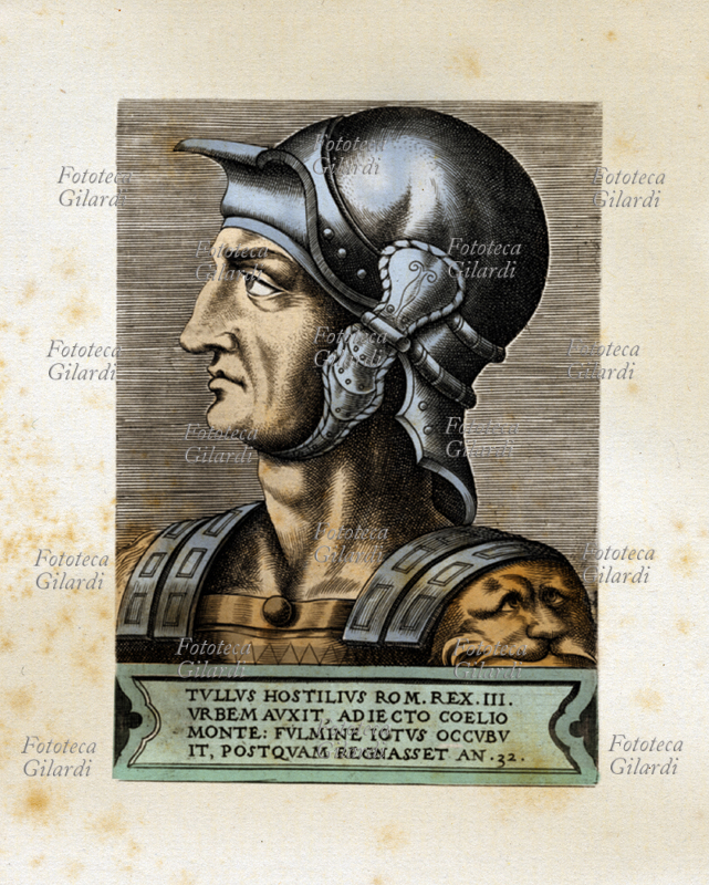 TULLO OSTILIO (Tullus Hostilius) 641 a.C. terzo Re di Roma, successore di Numa Pompilio. Incisione colorata XVI secolo