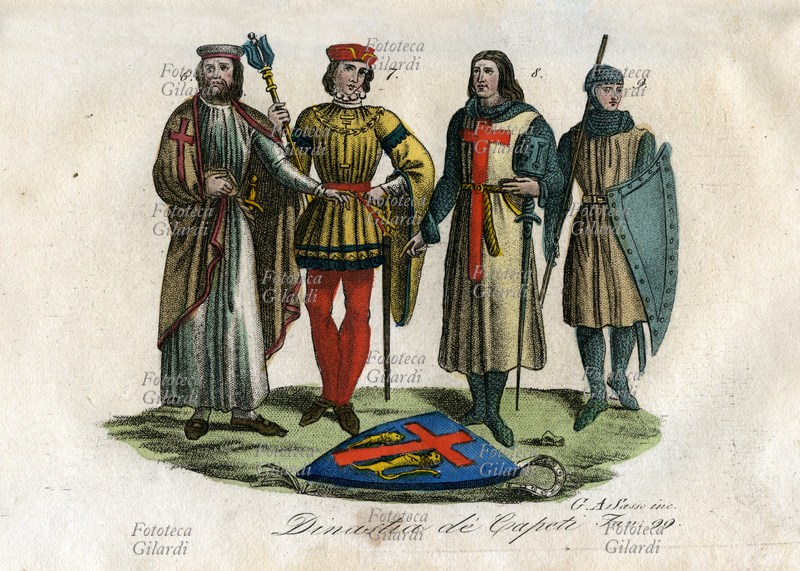FRANCE 12th century. Fig. 6) Knight Templar; 7) Sergeant-at-arms; 8) Crusader Knight; 9) Private. Color plate by Giovanni Antonio Sasso (1747–1842), from \