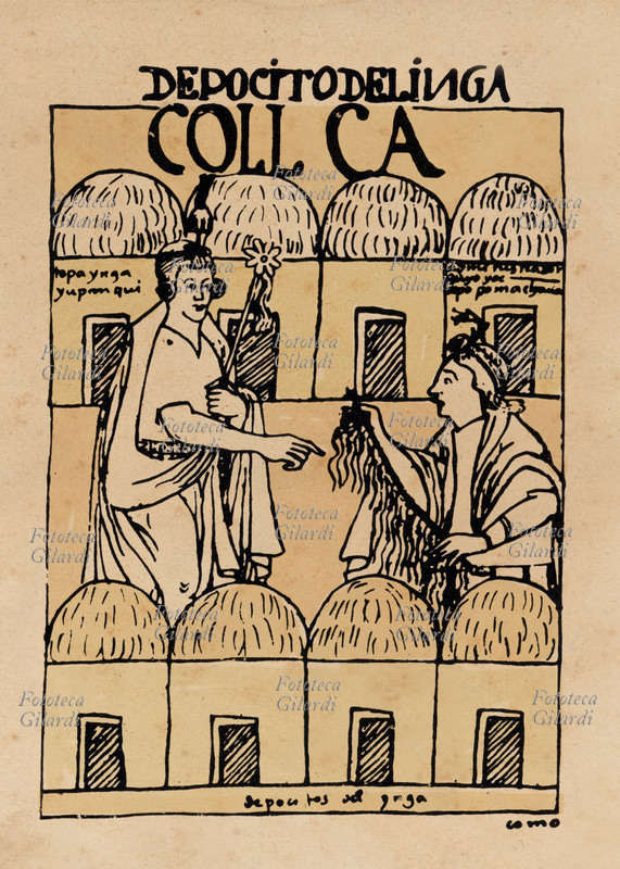 INCAS Un contabile Inca di fronte a un funzionario regio, descrive con un quipu un rilevamento statistico. Disegno a penna e inchiostro dal manoscritto \