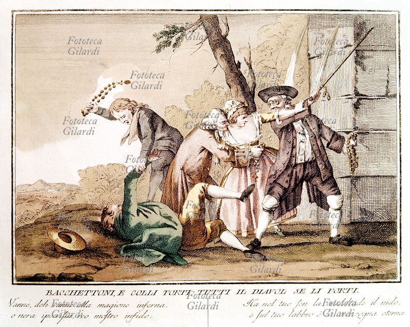 PROVERBIO figurato: Bacchettoni e colli torti tutti il diavol se li porti. Vanne deh, vanne alla magione inferna, o nera ipocrisia, reo mostro infido. Ha nel tuo sen la crudeltade il nido, e sul tuo labbro è la menzogna eterna. Calcografia acquarellata, XVIII secolo.