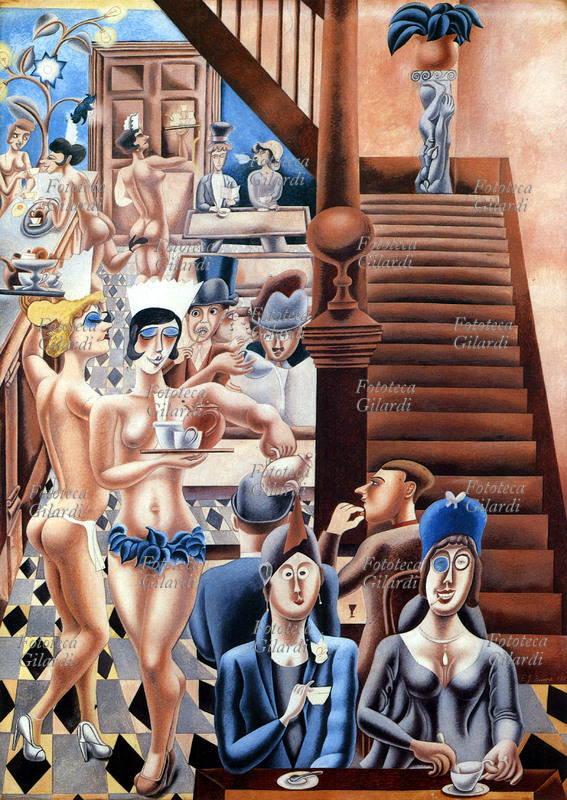 Edward BURRA (1905-1976) La sala da tè. In una casa chiusa, le cameriere di nulla vestite riforniscono gli avventori di bevande energetiche ed eccitanti. Tempera, 1929