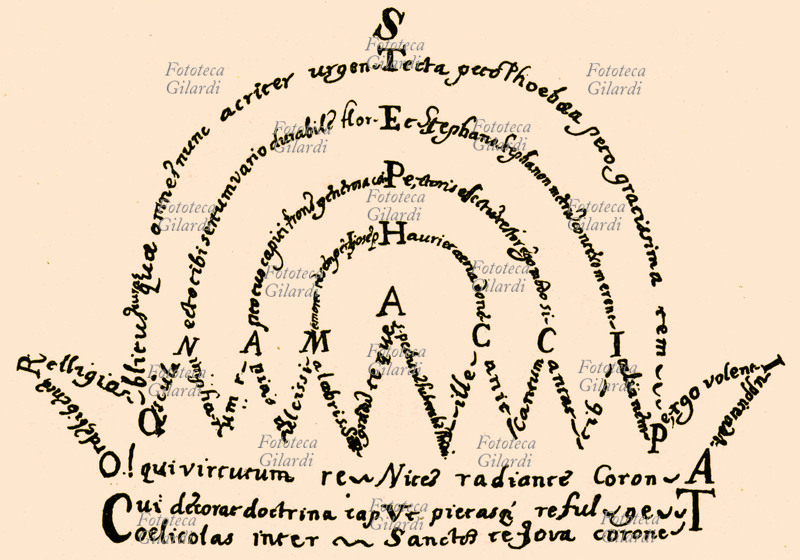 CALLIGRAMMA in lingua latina raffigurante una corona: leggendo dall\