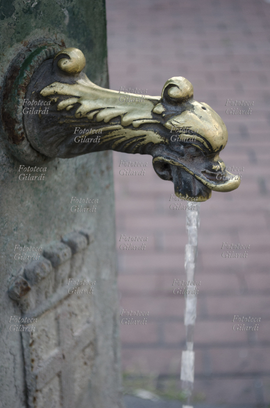 MILANO Fontanella pubblica in ghisa, chiamata comunemente "drago verde" per la forma del doccione e il colore del fusto, oppure "vedovella" per il getto continuo che esce dalla bocchetta in ottone, assimilato al pianto inconsolabile di una vedova. Tappando con un dito il foro, l\