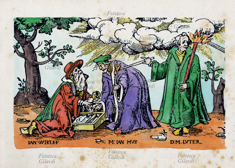 CHIESA PROTESTANTE i precursori della Riforma, John Wycliffe e Jan Hus porgono a Lutero una fiaccola che diventa sempre più grande. A destra, l\