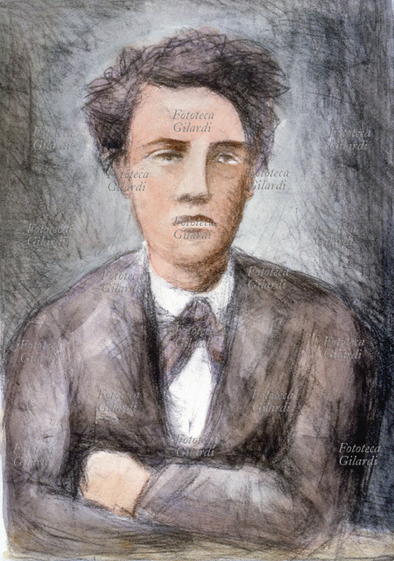 Arthur RIMBAUD (20 ottobre 1854 – 10 novembre 1891) poeta francese. Ritratto di Carlo Carrà (11 febbraio 1881 – 13 aprile 1966) tratto da un dagherrotipo per illustrare \