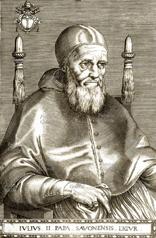 PAPA GIULIO II Giuliano della Rovere, nato a Savona, eletto nel 1503, morto nel 1513. Fece costruire il suo monumento in San Pietro in Vinculis in Roma. Ritratto, incisione. XVI secolo