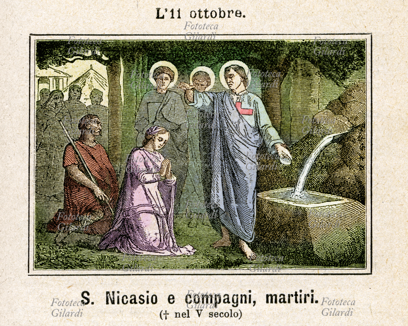 St. Nicholas and martyr companions (around III century). Having preached for a long time along the Seine in the valley of Paris together with priest Quirino (or Cerino) and deacon Scubicolo (or Egobillo), having baptized at a fountain at Vaux more than three hundred converted, Nicasio imparted the sacrament to Pienza, high rank woman in La Roche-Guyon. Soon after the three were captured and decapitated in Vessine; on their burial ground there was a chapel in which Pienza was caught, who had been surprised to pray for them, who was subjected to the same martyrdom. According to the Liber Niger of 1079, San Nicasio was the first bishop of Rouen. Commemoration on October 11th. Colored Etching, Italy 1886