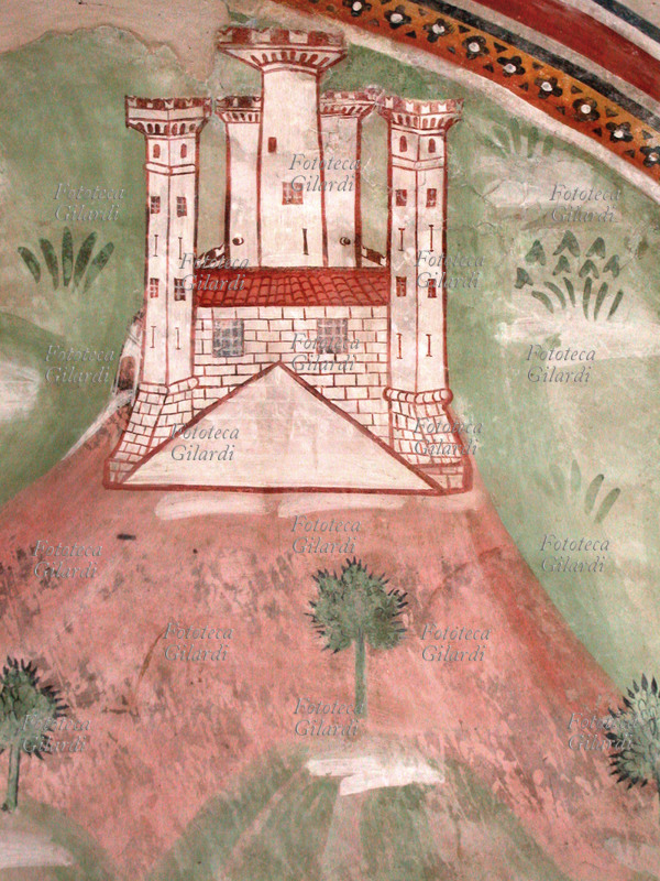 CASTELLO Dettaglio dagli affreschi attribuiti alla scuola di Manfredino e Franceschino Boxilio sulla colonna centrale nell\