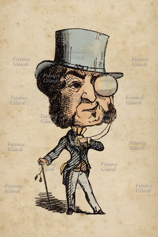 CARICATURA di personaggio snob, uomo elegante che ostenta la propria eleganza, guardando altezzosamente attraverso il monocolo. Il personaggio è raffigurato con la testa sproporzionatamente grande, è un modo per evidenziarne l\