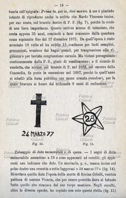 ANTROPOLOGIA CRIMINALE Croce e stella con date, disegni eseguiti per rilievo e studio dei tatuaggi su persone pregiudicate. Pagina illustrata da \