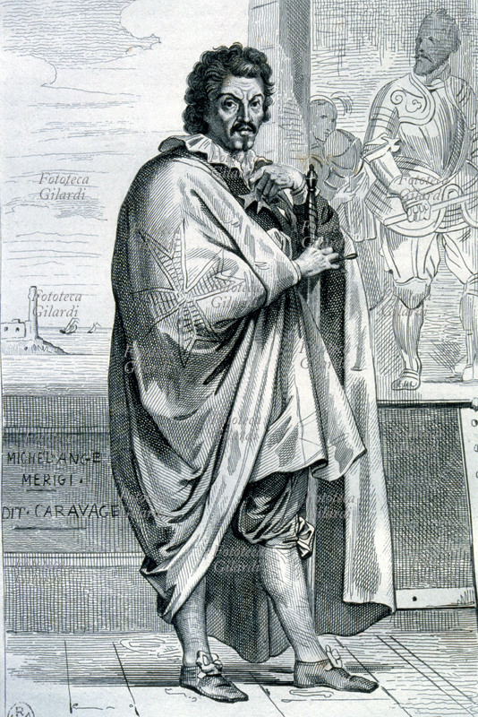 CARAVAGGIO (Michelangelo Merisi, 29 settembre 1571 – 18 luglio 1610) ritratto a figura intera del pittore italiano in una incisione francese del XIX secolo.