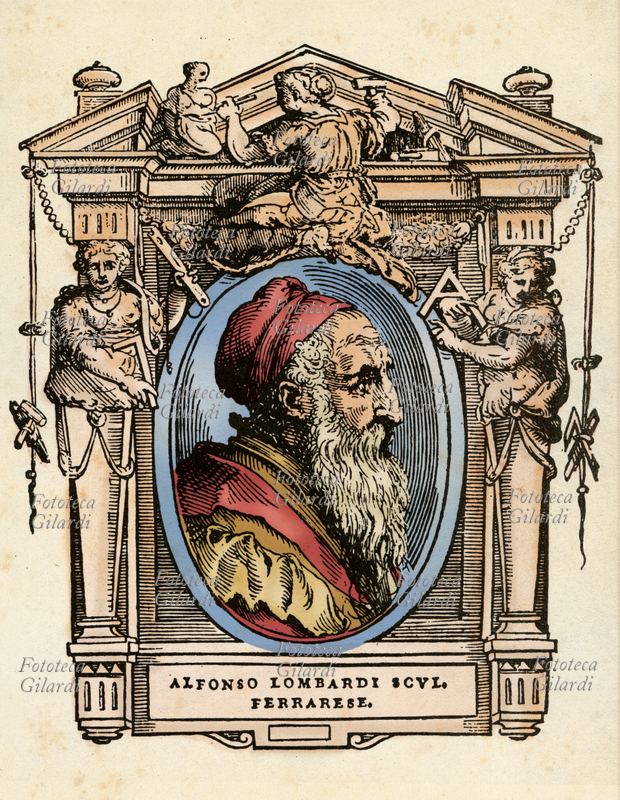 Alfonso LOMBARDI (1497 circa - 1537), scultore e medaglista italiano attivo soprattutto a Bologna, dove lavorò con perizia stucchi e terrecotte, oltre ai classici marmo e bronzo. Il ritratto in ovale è racchiuso in una cornice decorata con figure allegoriche e strumenti delle arti. Illustrazione colorizzata su base xilografica del XVI secolo, dal trattato \
