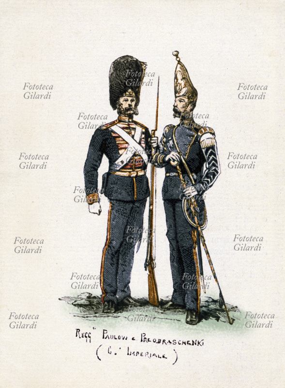 UNIFORMI Reggimenti Pavlov e Preobrazenskij, elementi della Guardia Imperiale nella Guerra russo-turca. Impero russo, aprile 1877
