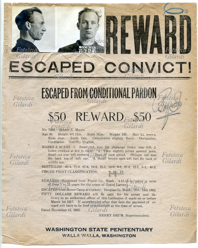 WANTED ricercato evaso - penitenziario dello stato di Washington 1915