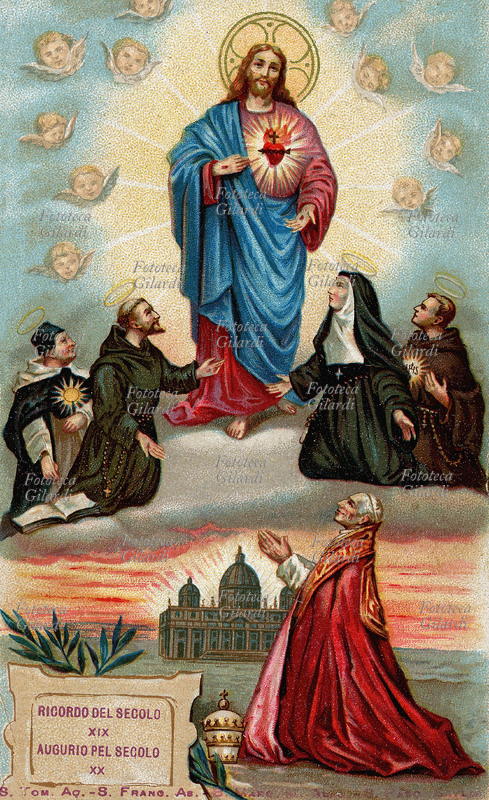HISTORY OF the CHURCH “Onore and Gloria to Jesus Christ” Cromolitografia to memory of XIX the century and augury of the 20th century. Represented the Pope who prays to the feet of the Christ and four Saints (Tommaso d\