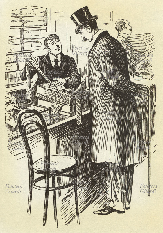 CRAVATTA elegante signore sceglie una cravatta consigliato da un esperto commesso di un negozio di accessori di moda maschile. Stampa XIX secolo.