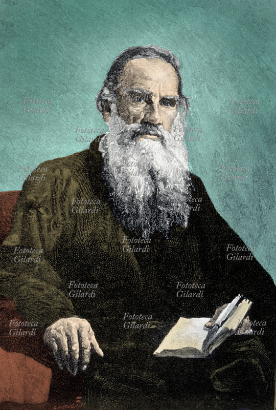 Leone TOLSTOJ (1828-1910) ritratto con un libro tra le mani, incisione colorata di G. Cantagalli dal dipinto di II\