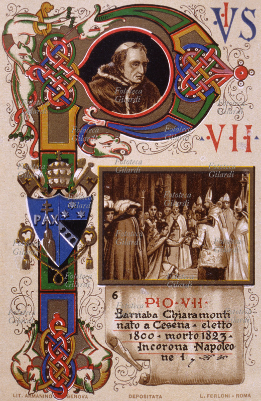 PAPA PIO VII (1742-1823), al secolo Barnaba Chiaramonti nato a Cesena, eletto nel 1800, incorona Napoleone I. Cartolina cromolitografica n. 6 dalla \