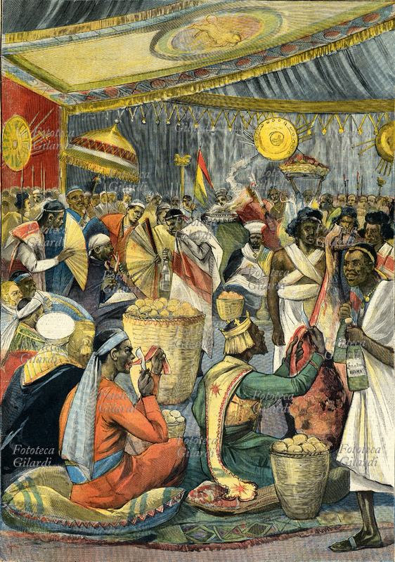 ETIOPIA Il pranzo del Negus Menelik secondo la descrizione di un invitato. Secondo il costume locale, il banchetto del Negus Neghesti Menelik II (al secolo Sahle Mariàm, 17 agosto 1844 – 12 dicembre 1913) si svolge all\