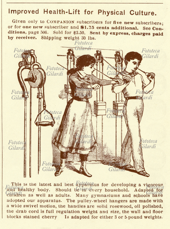 PUBBLICITÀ annuncio pubblicitario di attrezzatura per esercizi di ginnastica e lo sviluppo dei muscoli, utilizzabile da adulti e anche da ragazzi, USA 1890 circa