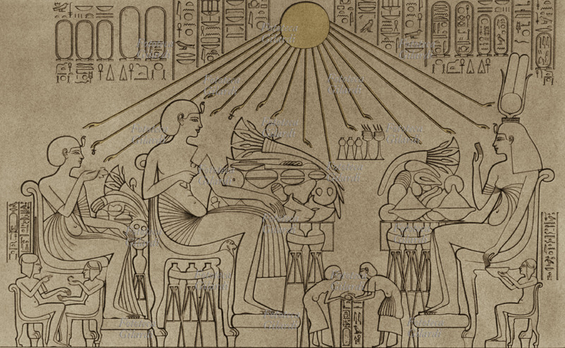 EGITTO Ekhnaton (Akenaton o Akhenaton, Amenofi IV) e la moglie Nefertiti ricevono i raggi benefici dal dio Aton. Amenofi IV operò una profonda trasformazione religiosa. Appoggiato dal padre (Amenofi III), si fece promotore di una nuova dottrina, fortemente rivoluzionaria, incentrata sul culto del globo solare (Aton), inteso però non più in qualità di figura mitologica, come il dio Ra della tradizione, ma nella natura specifica di astro che genera l\