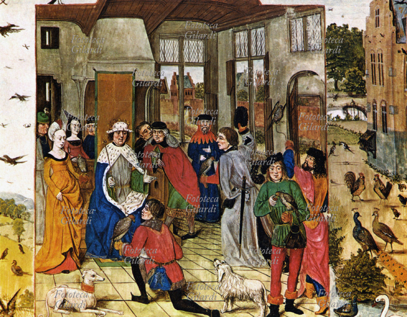 FEDERICO II (the 1194-1250) court of Federico II of Svevia: the king in throne is encircled by the cortigiani and the falconieri. Miniature draft from an edition of the XV sec. of the\