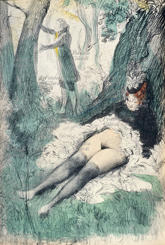 EROTISMO Coppia in un bosco, lei sdraiata, lui appoggiato ad un albero. Litografia di Adriano Sicbaldi tratta da un\