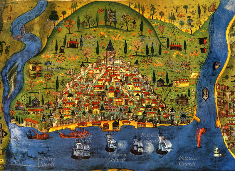 Seen TURKEY of Istanbul. Turkish miniature draft from the book of Matrakji “Menazilname” (the travel). First half of the 16th century