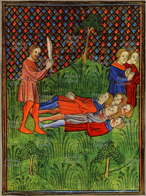 BIBLE Judges. Sansone against the filistei. Therefore Sansone said: “With the jaw of ass, a heap, two heaps! With the ass jaw I have pulled down thousand men”. Miniature from “the Bible de Sens”, 14th century. (Judges 15, 16)