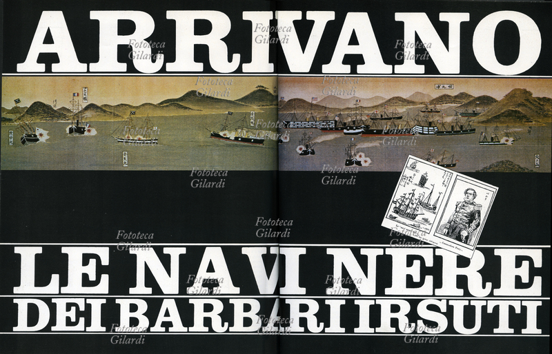 PHOTOTECA "Arrivano le navi nere dei barbari irsuti", doppia pagina 164/165 dalla monografia "Bianco & nera" dedicata alle immagini del colonialismo, delle missioni e di esplorazione. Volume della collana di monografie sui grandi temi della raffigurazione diretta da Ando Gilardi e Roberta Clerici, pubblicata con cadenza trimestrale su progetto grafico di Giancarlo Iliprandi. Anno IV, n. 12, Milano, settembre 1983.