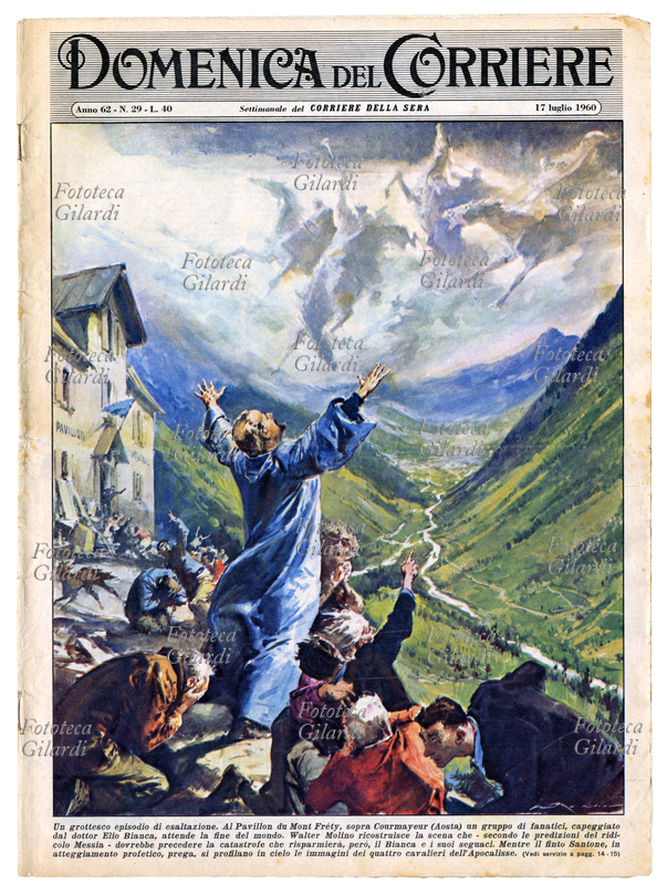 FINE DEL MONDO "Un grottesco episodio di esaltazione. Al Pavillon du Mont Fréty, sopra Courmayeur (Aosta) un gruppo di fanatici, capeggiato dal dottor Elio Bianca, attende la fine del mondo. Walter Molino ricostruisce la scena che - secondo le predizioni del ridicolo Messia - dovrebbe precedere la catastrofe che risparmierà, però, il Bianca e i suoi seguaci. Mentre il finto Santone, in atteggiamento profetico, prega, si profilano in cielo le immagini dei quattro cavalieri dell\