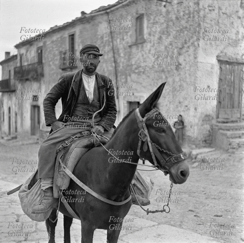 AGRICOLTURA contadino arriva in paese cavalcando il suo mulo, al ritorno dai campi. L\