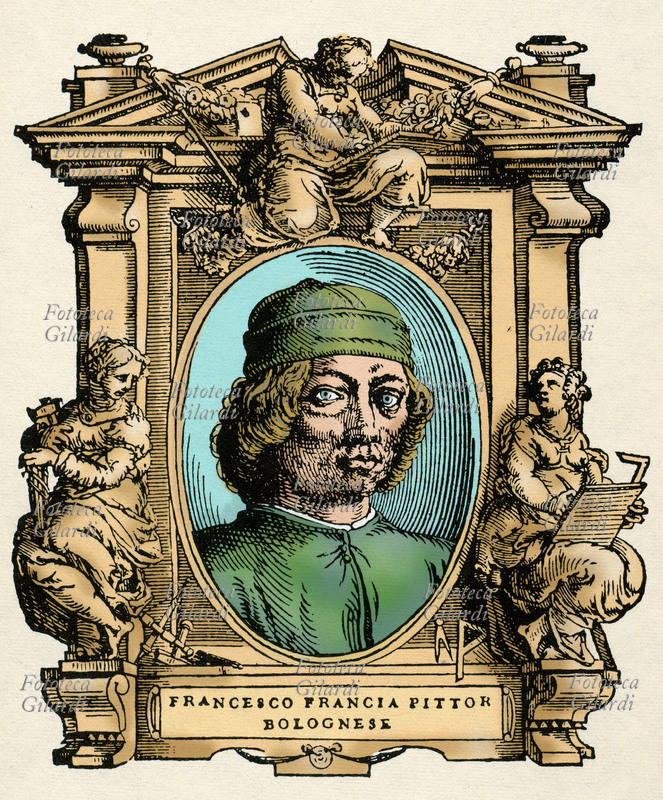 Francesco FRANCIA (Bologna 1450 ca. - 1517), soprannome con cui è noto Francesco Raibolini, pittore, orafo e medaglista. Il ritratto è racchiuso in una cornice decorata con figure allegoriche delle arti. Illustrazione colorizzata su base xilografica del XVI secolo, dal trattato \