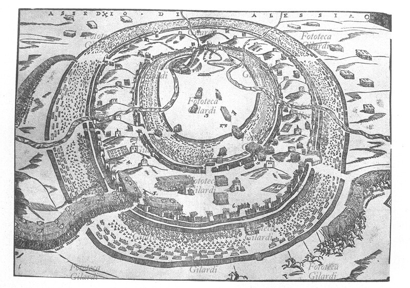 GIULIO CESARE Assedio e battaglia di Alesia, settembre 52 a.C nella quale fu sconfitto Vercingetorige. Incisione da un trattato sulle tecniche di fortificazione bellica di Giulio Savorgnan (11 novembre 1510 – 15 luglio 1595) architetto e ingegnere militare. Venezia, XVI secolo.