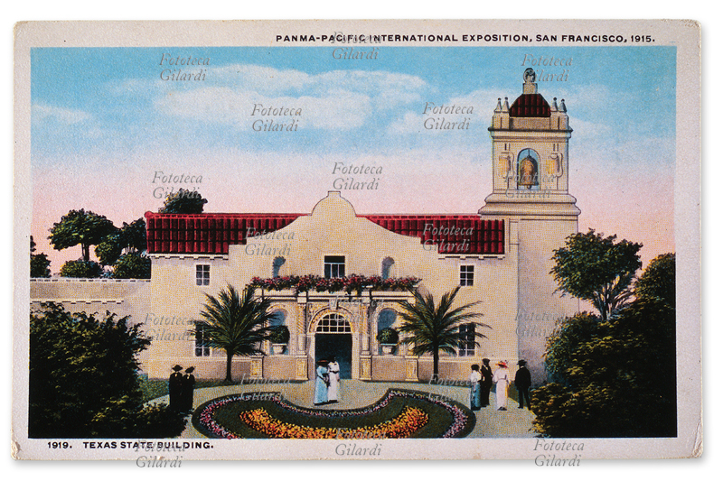 ESPOSIZIONE internazionale del Pacifico (Panama-Pacific International Exposition), padiglione dello stato del Texas. Cartolina postale ufficiale, Cardinell Vincent co., San Francisco, 1915