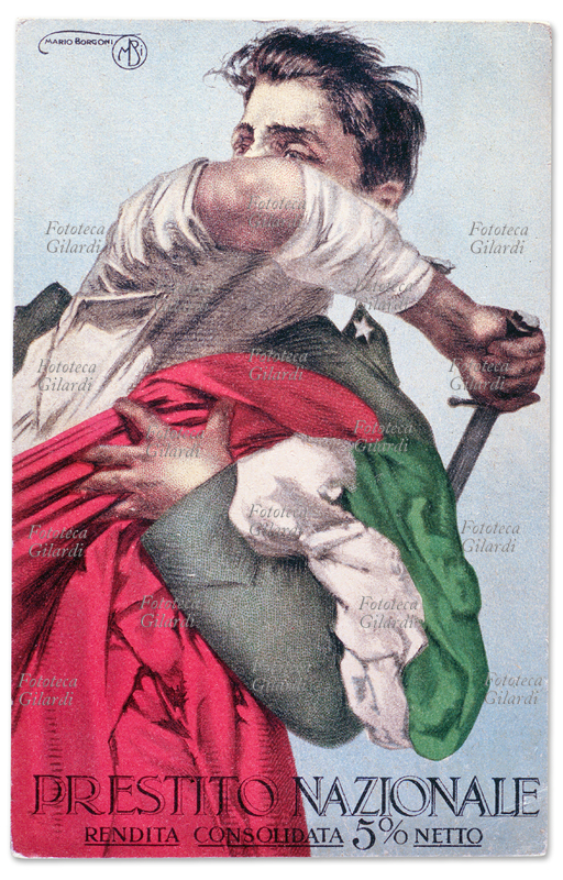 ITALIA Un soldato italiano difende a spada tratta il Tricolore. Cartolina postale di propaganda per il Prestito Nazionale, grafica di Mario Borgoni 1915 - 1918